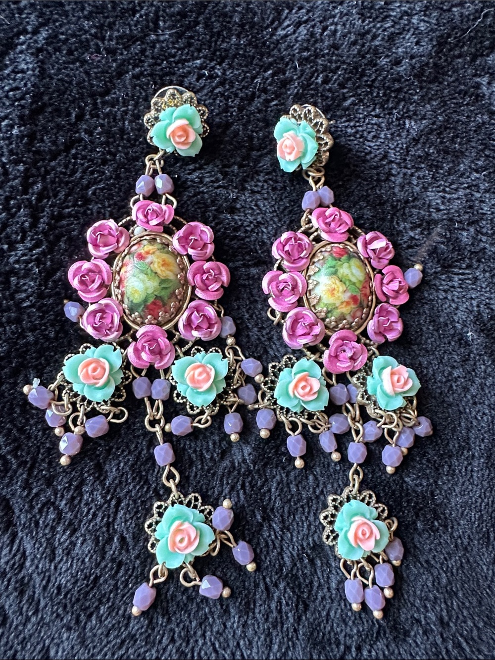 Michal Negrin Pink, Mint & Lavender Floral Chandelier Earrings
